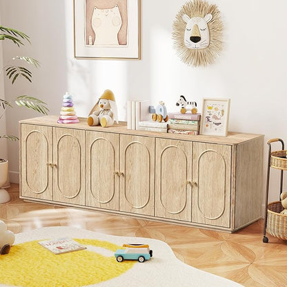 63'' Fluted Sideboard Buffet Cabinet with Storage and 6 Doors, Low Storage Cabinet Modern Wooden Accent Credenza Console Table for Kitchen Dining Living Room Entryway, (63"W*15.75"D*21.4"H) Natural