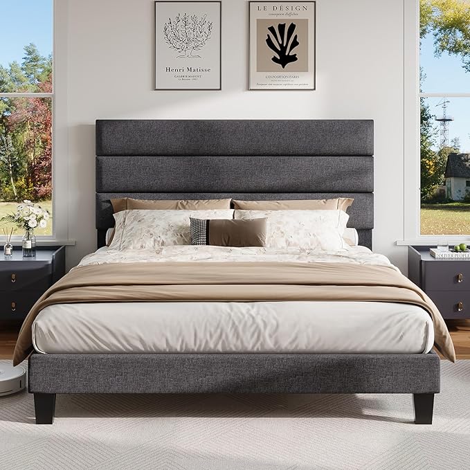 AMERLIFE Full Size Bed Frame with Linen Upholstered Headboard, Modern Platform Bed with Wooden Slats Support, Noise-Free, No Box Spring Needed, Easy Assembly, Grey