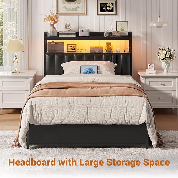 Aheaplus Headboard for Twin Size Bed Frame, Upholstered Headboards with Outlets, USB Ports and LED Light, Leather Head Board with Storage, Height Adjustable, Comfortable Headboard, Twin Size, Black