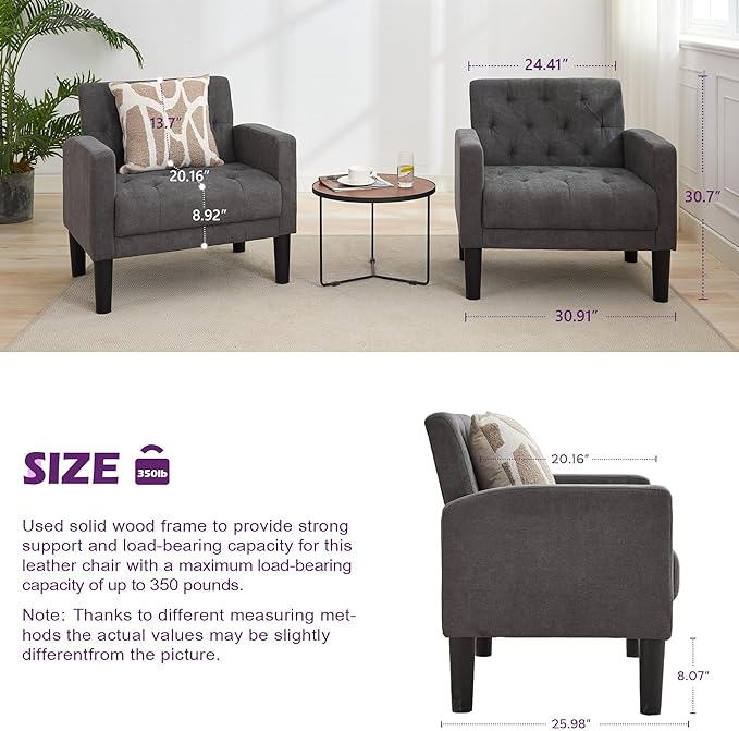 TYBOATLE Accent Chairs Set of 2, Mid Century Modern Upholstered Tufted Living Room Chair for Bedroom, Armchair for Waiting Room, Reading Chair for Office, Grey