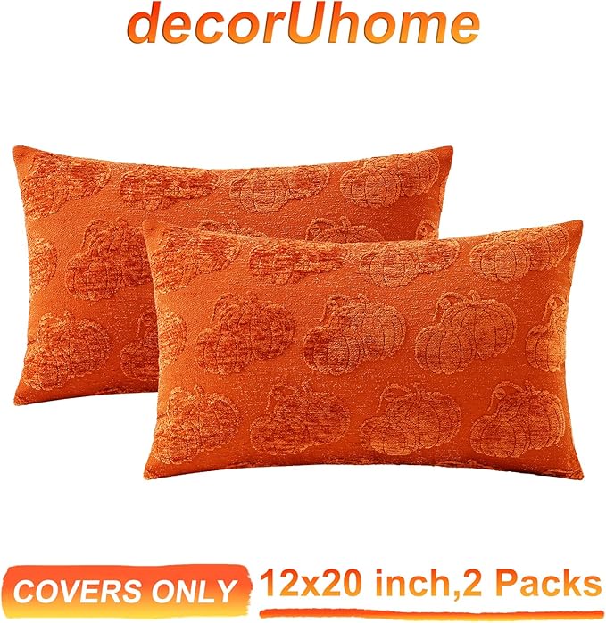 decorUhome Decorative Two Rust Pumpkins Thanksgiving Throw Pillow Covers 12x20 Set of 2, Soft Chenille Jacquard Farmhouse Textured Pillow Covers for Couch Bed Sofa Autumn Harvest Halloween Holiday