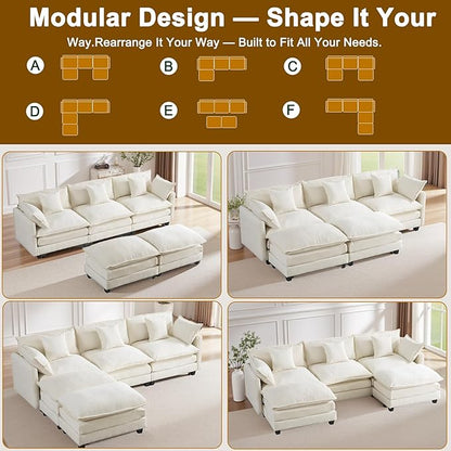 Expandable Modular Sectional Sofa with Ottoman, 111.4" Cloud Chenille U-Shape Couch, Reversible Chaise & 2nd Ottoman for Large Spaces, Deep Seat, Solid Wood Frame