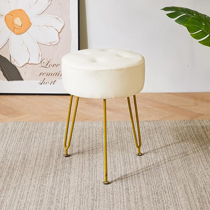 IBUYKE Faux Leather Round Footrest Stool, Makeup Vanity Stool Side Table, PU Dressing Table Seat, Pouf Couch Stool, Golden Steel Legs, White LG-31W