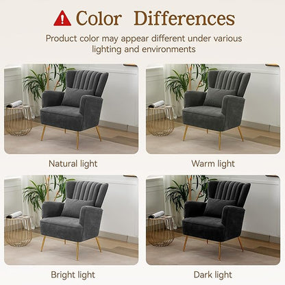 Living Room Chairs Chenille Accent Armchair with Lumbar Pillow&Gold Leg, 8.5" Thick Cushion, Mid Century Modern High Wingback Bedroom Chairs Upholstered Comfy Sofa Arm Chair, Grey
