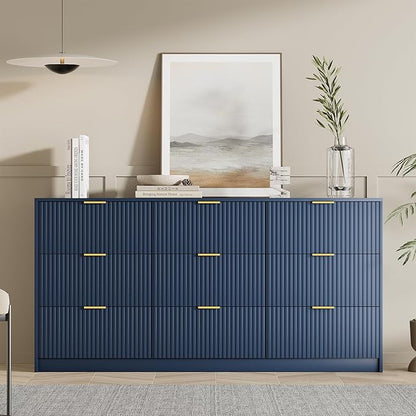 Blue Dresser for Bedroom, Modern Dresser with 9 Drawers and Smooth Slides, Wide Chest of Drawers with Golden Handles for Bedroom, Living Room, Closet, 15.7" D x 63" W x 31.5" H