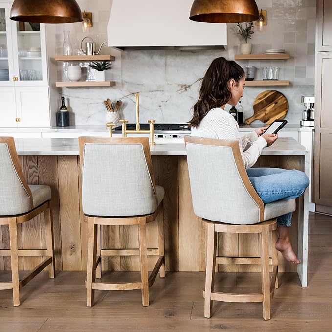 Maven Lane Vienna Counter Stools 26 Inches – Set of 2 – Swivel Stools with Footrests – Brown Solid Wood and Natural Fabric Upholstery – Ideal for Kitchen Islands and Counters