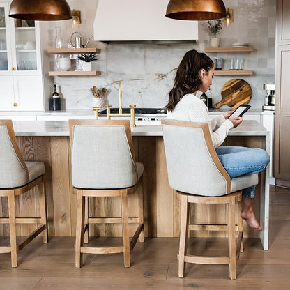 Maven Lane Vienna Counter Stools 26 Inches – Set of 2 – Swivel Stools with Footrests – Brown Solid Wood and Natural Fabric Upholstery – Ideal for Kitchen Islands and Counters