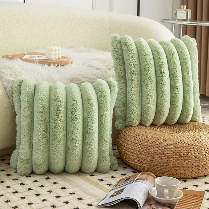 Neelvin Green Faux Fur Cozy Soft Striped Decorative Throw Pillow Covers 26x26 inch Set of 2,Velvet Pillowcase Cushion Case for Sofa Couch