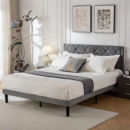 Queen Size Platform Bed Frame with Velvet Upholstered Headboard and Sturdy Wooden Slats Support,Mattress Foundation，Easy Assembly, No Box Spring Needed,Slip Resistant (Grey, Queen)