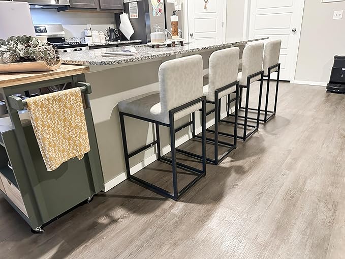 ALPHA HOME 24 Inch Bar Stools, Kitchen Counter Stools with Backs, PU Leather Barstools, Kitchen Stools with Back&Upholstered Footrest, Sturdy Chromed Metal Steel Frame, Light Gray