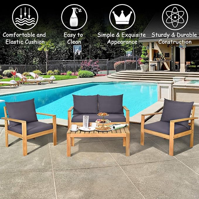 COSTWAY 8 Pieces Outdoor Acacia Wood Sofa Set, Outdoor Conversation Sofa Set with Table & Cushions Porch Chairs for Garden, Patio, Deck