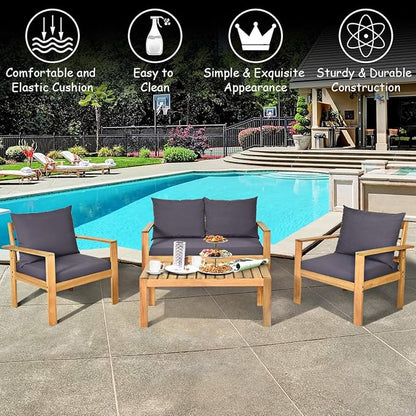 COSTWAY 8 Pieces Outdoor Acacia Wood Sofa Set, Outdoor Conversation Sofa Set with Table & Cushions Porch Chairs for Garden, Patio, Deck
