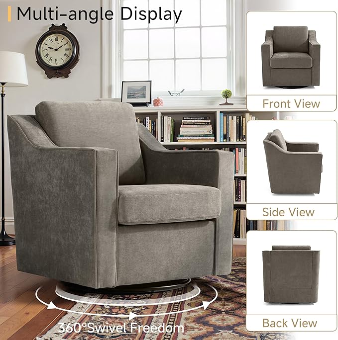 Pia Ricco 360° Swivel Accent Chair, Plush Oversized Chenille Fabric Armchair with Removable Cover for Living Room and Reception,Sand