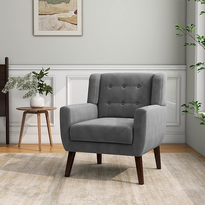 Accent Chair, Mid-Century Modern Velvet Fabric Chairs with Arms for Living Room, Comfy Upholstered Club Single Sofa Armchair for Bedroom Waiting Room with Solid Wood Frame (Velvet Grey, Set of 2)