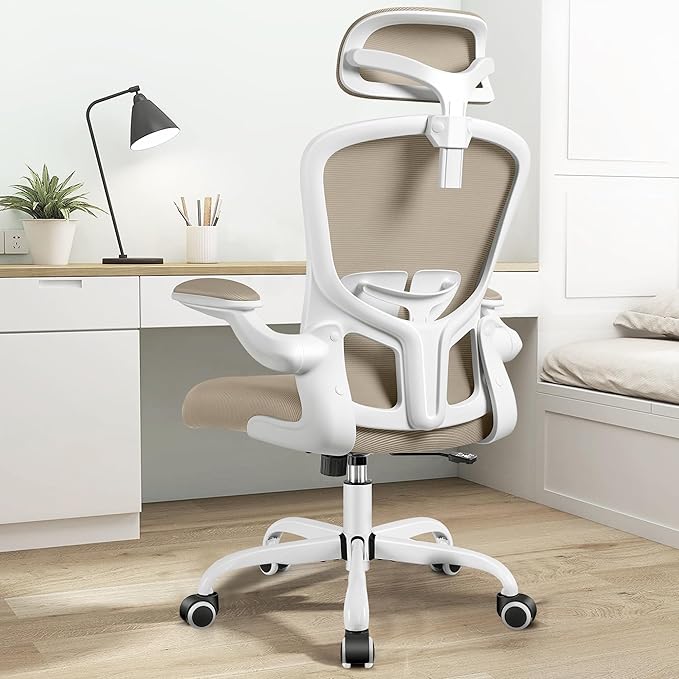 FelixKing Ergonomic Office Desk Chair with Headrest, Wheels, Adjustable Lumbar Support and Height, Swivel Comfy Task Chair with Flip-up Armrests, Ergo Mesh Backrest for Working (Khaki)