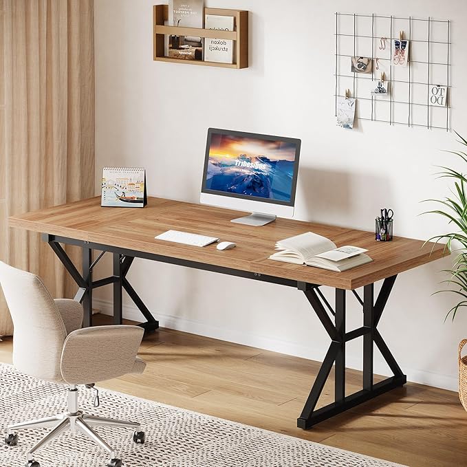 Tribesigns 70.86-Inch Large Executive Desk, Industrial Home Office Computer Desk, Simple Long Writing Study Table Business Furniture (Light Brown/Black)