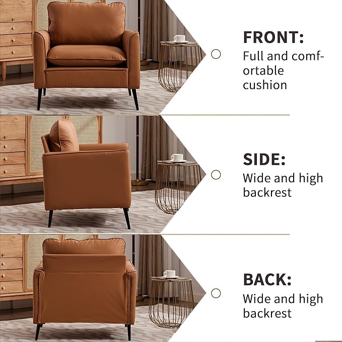 YISHENG Mid-Century Modern Living Room Accent Chairs Set of 2 - Oversized Faux Leather Armchairs with Removable Cushions & Metal Legs, Comfortable Sofas for Office/Lounge/Bedroom/Reception,（Brown）