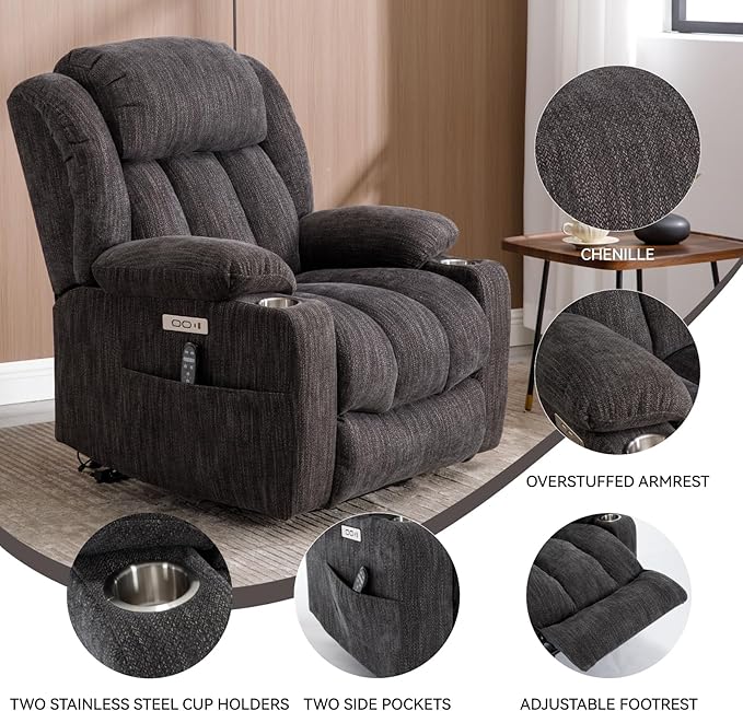 Electric Power Lift Chair, Chenille Recliner Massage Chair Living Room Furniture with 8-Point Vibration Massage and Lumbar Heating, USB and Type-C Ports, Cup Holders - Grey