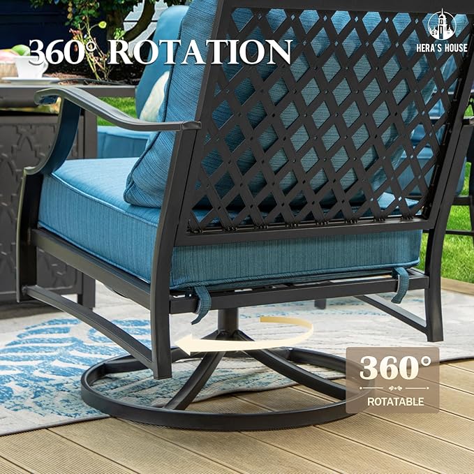 HERA'S HOUSE 5 Piece Patio Furniture Set, 2 x Swivel Chair, 2 x Ottoman, 1 x 3-Seat Sofa, All Cushioned 7 Seats Metal Outdoor Conversation Set for Lawn Garden Backyard