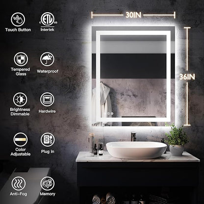 ISKM 36'' x 30'' LED Mirror for Bathroom Lighted Vanity Mirror for Wall Front Lights + Backlit LED Bathroom Mirror Anti-Fog Tempered Glass ETL Listed