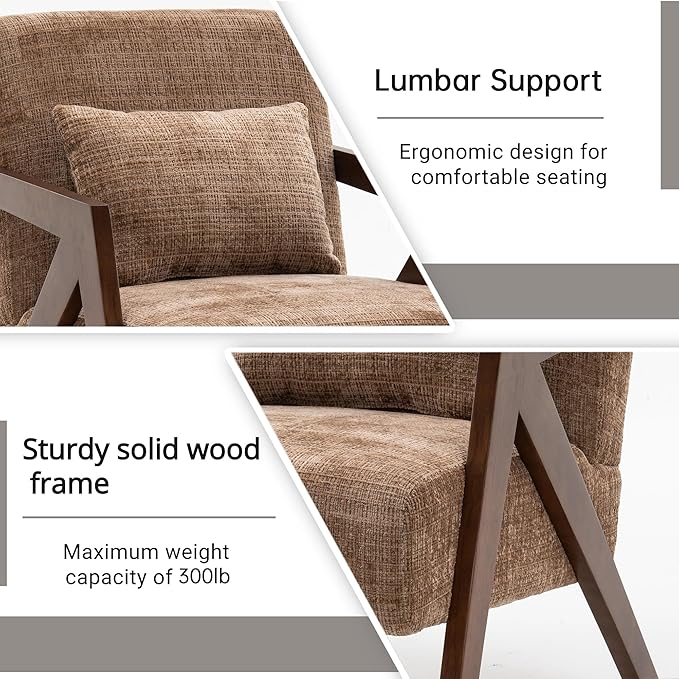 Mid-Century Modern Accent Chair with Solid Wood Frame，Upholstered Chenille Living Room Arm Chairs with Pillow for Bedroom, Living Room, Reading Room, Balcony, Brown