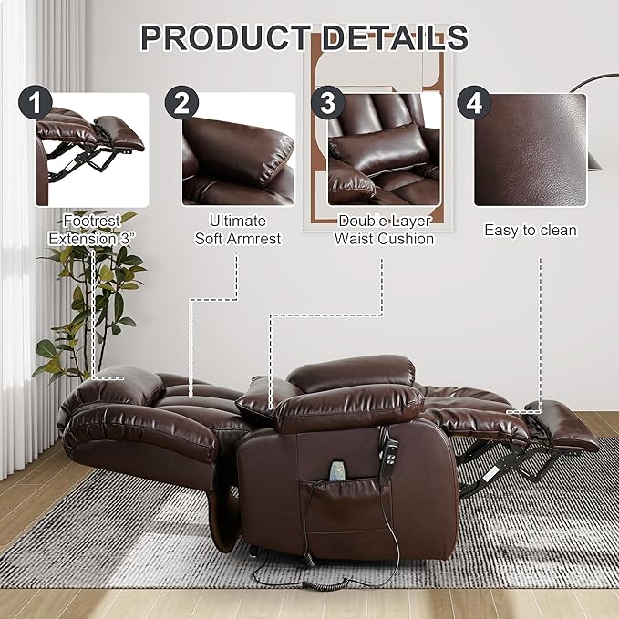 EDILLY Large Genuine Leather Power Lift Recliner Chair for Elderly, Dual Motor with Massage and Heating,with Double Lumbar Cushion and Extended Footrest,USB Port and Remote(Brown)