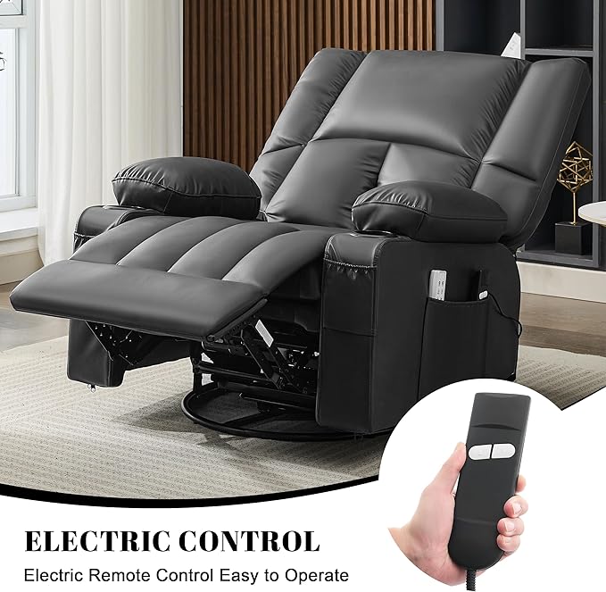 Swivel Rocker Chair with Heat and Massage, 270° Power Recliner Chairs for Adults, USB and Type-C Ports, Oversized Recliner Single Sofa, Electric Glider Chair(Black)