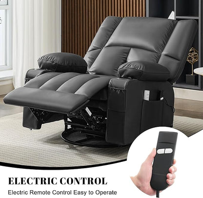 Swivel Rocker Chair with Heat and Massage, 270° Power Recliner Chairs for Adults, USB and Type-C Ports, Oversized Recliner Single Sofa, Electric Glider Chair(Black)