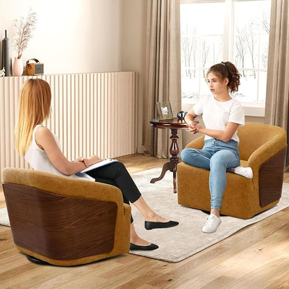 Swivel Accent Chair Faux Leather Swivel Barrel Chair Comfortable Mid Century Modern Chair Upholstered Metal Base Armchair for Living Room Bedroom Office Large Vintage Yellow