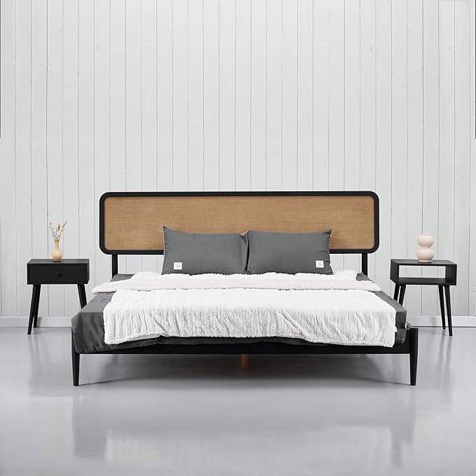 NTC Lupin Wooden Bed Frame with Headboard, Solid Oak and Rubber Wood Foundation with Silent Slats and Wood Central Supports, 1000 Lb Capacity, Effortless Assembly, King - Burnt Black