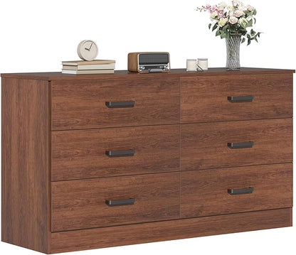 Bigbiglife Wood Dresser for Bedroom, 6 Drawer Double Dresser, Mid Century Modern Chest of Drawers with Deep Drawers, Large Storage Organizer for Living Room, Closet(Walnut Brown)
