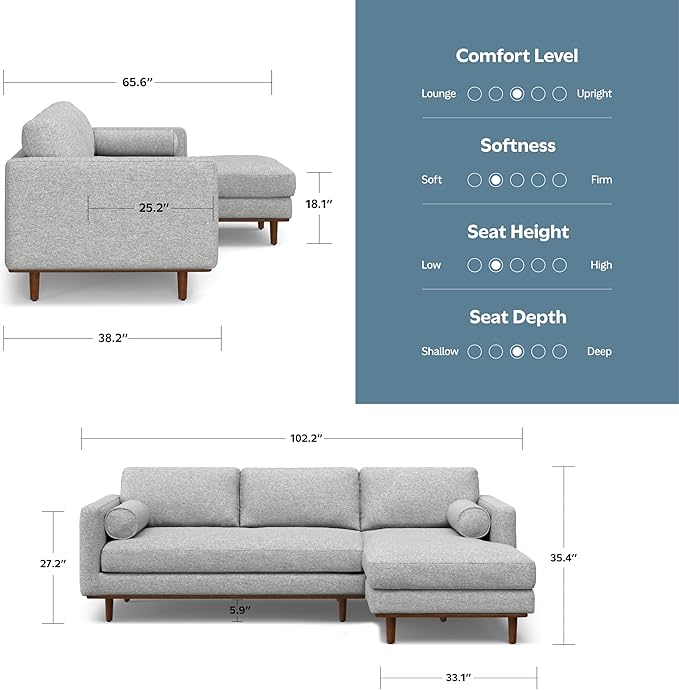 SIMPLIHOME Morrison Right Sectional Sofa in Woven-Blend Recycled Polyester Fabric, Mist Grey, 102-inches Wide, L-Shaped Couch with Right Chaise for the Living Room and Family Room