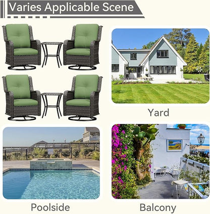 6 Pieces Outdoor Furniture Set - Patio Wicker Swivel Rocker Chair Set of 4 and 2 Side Table, Green, Mixed Brown Rattan, Suitable for Porch, Yard