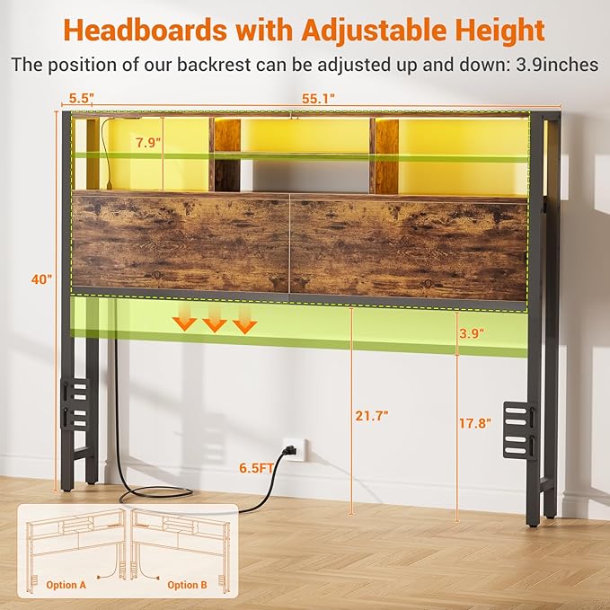 Aheaplus Headboard for Full Size Bed with Storage, Headboards with Outlets, USB Ports and LED Light, Full Size Head Board, Height Adjustable, Reversible, Sturdy and Stable Headboard, Rustic Brown