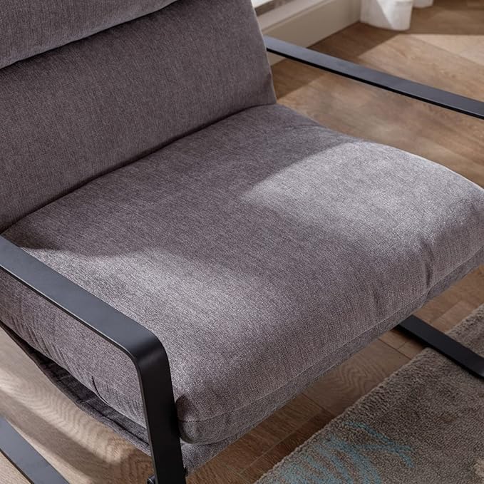 Mid-Century Accent Chair Set of 2, Comfy Linen Fabric Side Chair with Armrest, Upholstered Leisure Chair with Black Metal Frame for Living Room Bedroom Reception Room, Grey