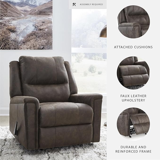 Signature Design by Ashley Skymaker Modern Faux Leather Manual Rocker Recliner with Track Arms, Dark Brown
