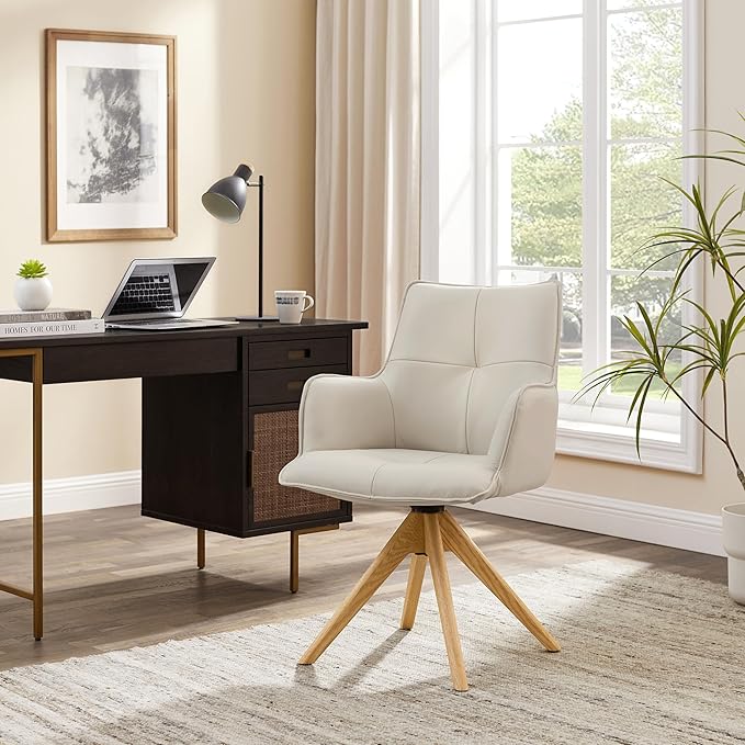 Art Leon Mid Century Modern Desk Chair - Genuine Leather Upholstered Office Chair No Wheels, Swivel Armchair with Oak Wood Legs for Small Space Living Room Bedroom, Set of 2, Off White
