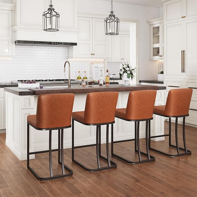 PHI VILLA Brown Bar Stools Set of 3, Faux Leather Counter Height Chairs, Kitchen Stools for Island, 24 Inch Barstools with Back