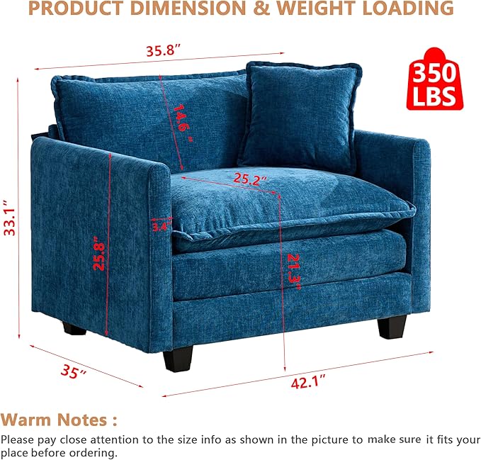 Aoowow Chenille Upholstered Accent Chair Oversized,Fluffy Single Cloud Sofa Chairs with Deep Seat,Modern Large Reading Arm Chair with Throw Pillow for Living Room,Bedroom (Blue, Single Sofa Chair)
