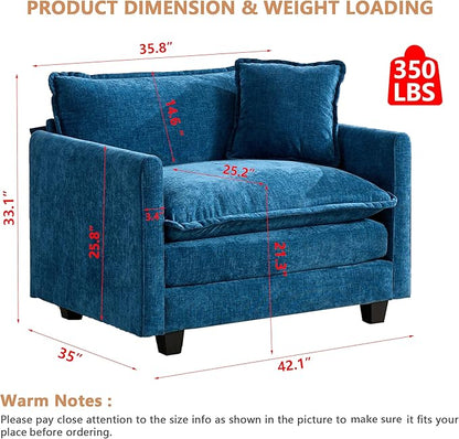 Aoowow Chenille Upholstered Accent Chair Oversized,Fluffy Single Cloud Sofa Chairs with Deep Seat,Modern Large Reading Arm Chair with Throw Pillow for Living Room,Bedroom (Blue, Single Sofa Chair)