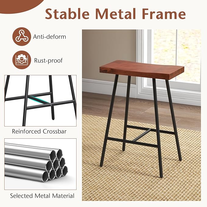 COSTWAY Industrial Bar Stools, 24-inch Backless Counter Height Saddle Stools with Footrest, Metal Legs, Adjustable Foot Pads, Barstools for Kitchen Island Cafe Restaurant, Walnut+Black (Set of 4)