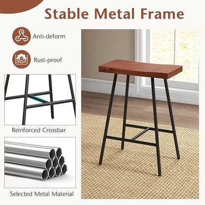 COSTWAY Industrial Bar Stools, 24-inch Backless Counter Height Saddle Stools with Footrest, Metal Legs, Adjustable Foot Pads, Barstools for Kitchen Island Cafe Restaurant, Walnut+Black (Set of 4)