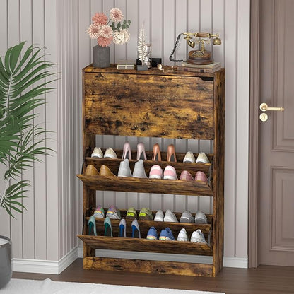 Shoe Storage Cabinet with 3 Flip Drawers, Slim Hidden Wood Shoe Cabinet Storage for Entryway, Freestanding Narrow Shoe Rack Organizer with Adjustable Shelves for Foyer, Hallway, Brown