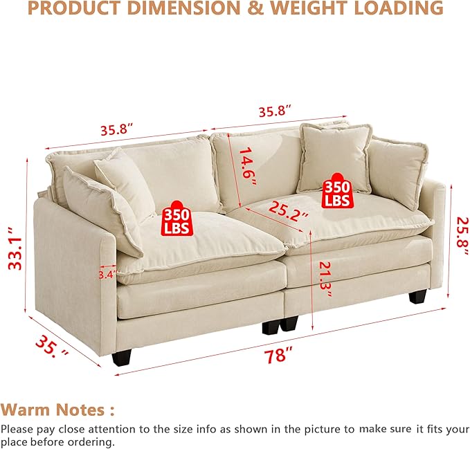 Aoowow Modular Sectional 2 Seater Cloud Sofa Couch for Living Room,78" Loveseat Couch with Deep Seat,Modern Chenille 2 Seat Sofas,Fluffy Small Couches for Bedroom,Small Spaces (Beige, 2 Seater)