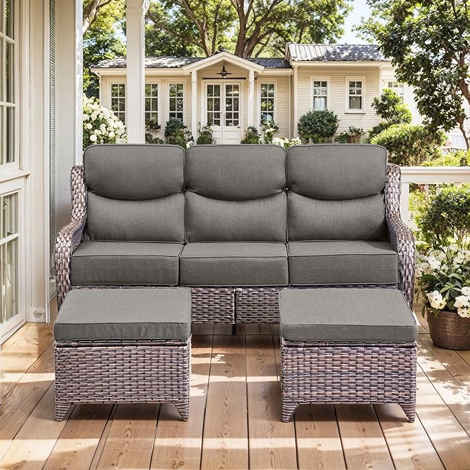 HUMMUH 8 Pieces Wicker Patio Furniture Set with Patio Swivel Chairs Set of 4,High Back Outdoor Sofa Coffee Table Ottomans,6 Inch Thick Cushions Outdoor Conversation Set for Porch, Balcony, Deck