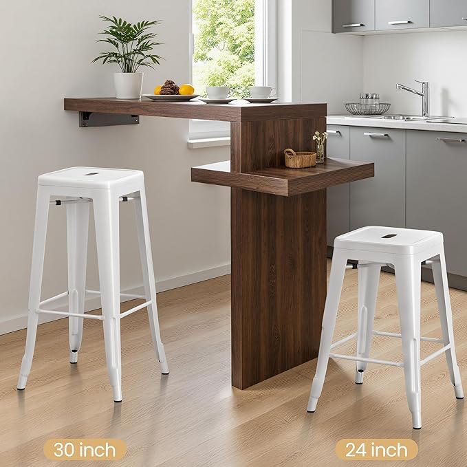 Yaheetech 24 Inch Metal Barstools Set of 4, Counter Height Backless Stools, Industrial Stackable Bar Chairs with Footrest for Kitchen/Dining Room/Bistro/Patio, White