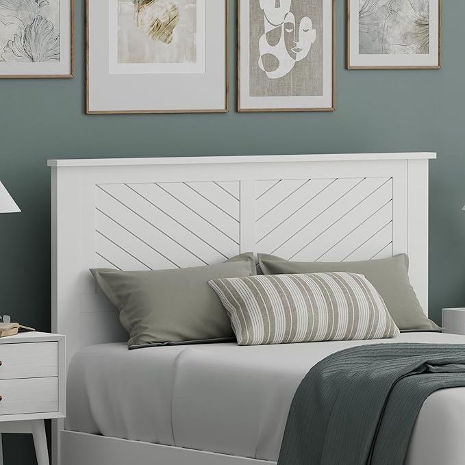 Serene Poplar Wood Full Size Headboard in White, Modern Farmhouse Panel with Chevron Scoring, Casual Coastal Style, Easy Assembly, Quality Materials