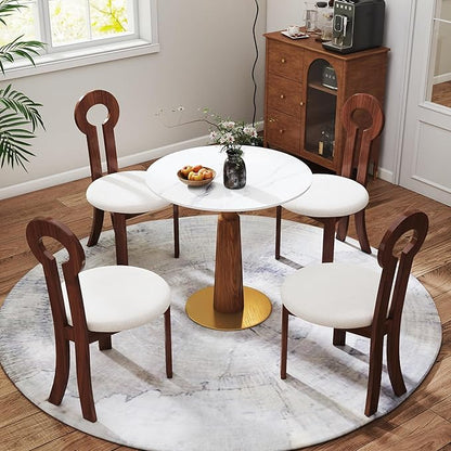 Sintered Stone Office Table and Chair Set - 33.5" Round Table for Small Offices (Light Brown Leg and White Top, 1 Table and 4 Chairs)