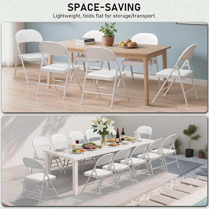 SEALAMB 6 Pack White Folding Chairs with Padded Seats & Cushion, Durable Metal Foldable Chairs for Wedding Party, Commercial Chairs for Office School Church Events, 330lb Capacity (White-PU, 6 Pack)