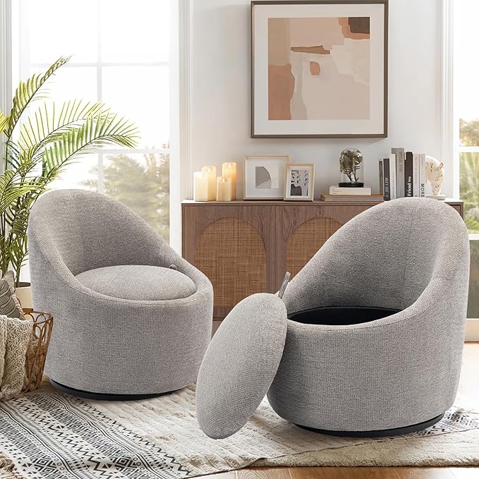 360° Swivel Accent Chair Set of 2, Mid-Century Modern Chair with Hidden Storge, Small Swivel Chair with Arms for Living Room/Office - Light Grey